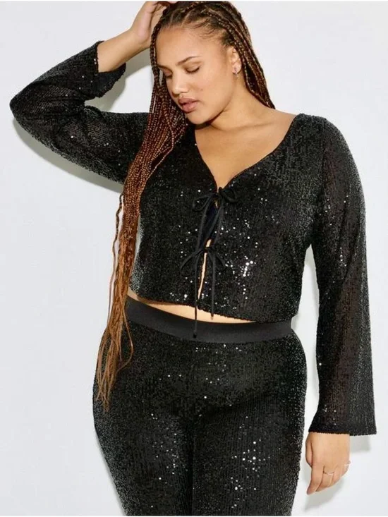 Torrid Sequin Tie Front Top and Flared Leg Pants Set - Size 1X - NWT! - Picture 2 of 16